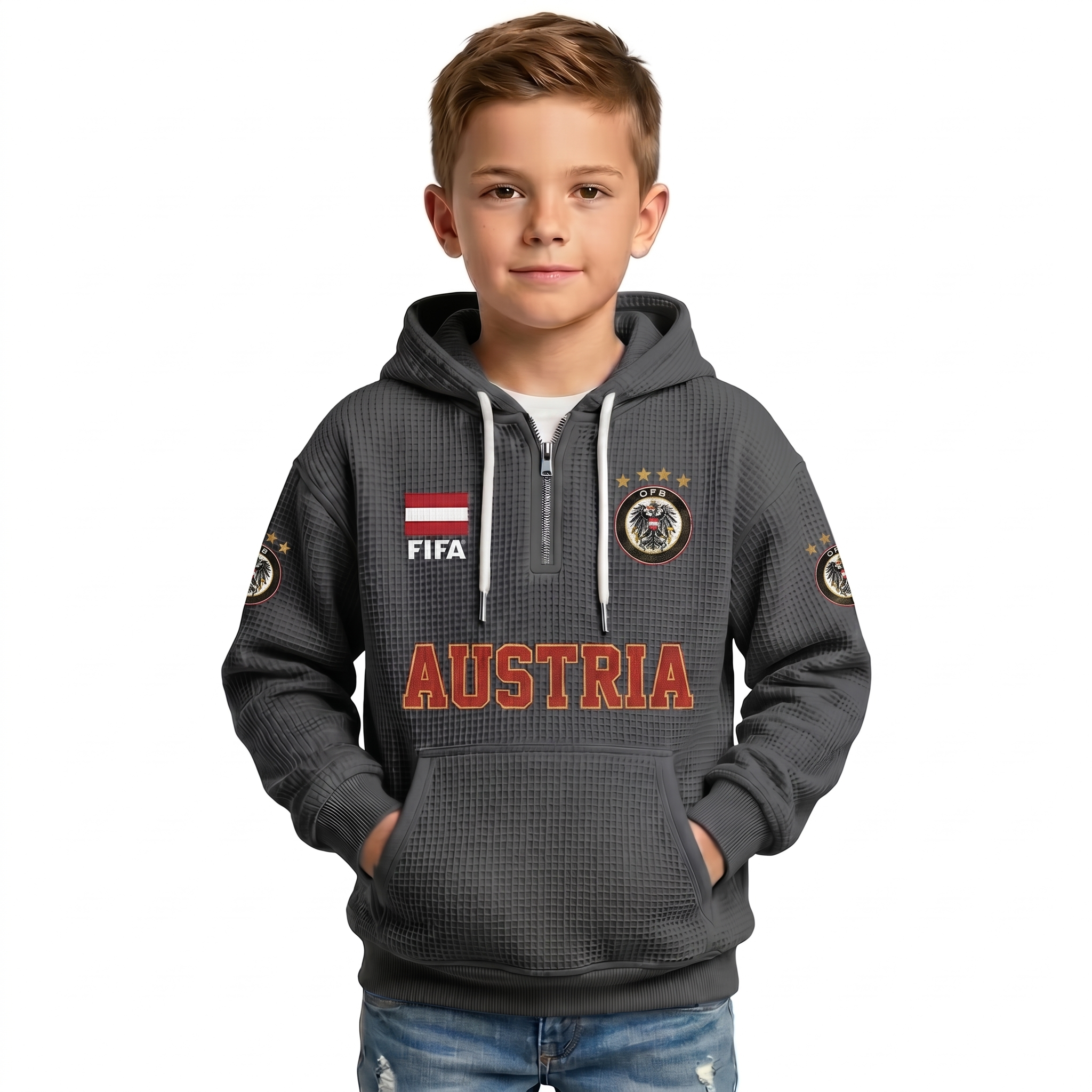 FIFA 2026 Austria Printed Waffle Quarter Zip Kids Football Fan Hoodie
