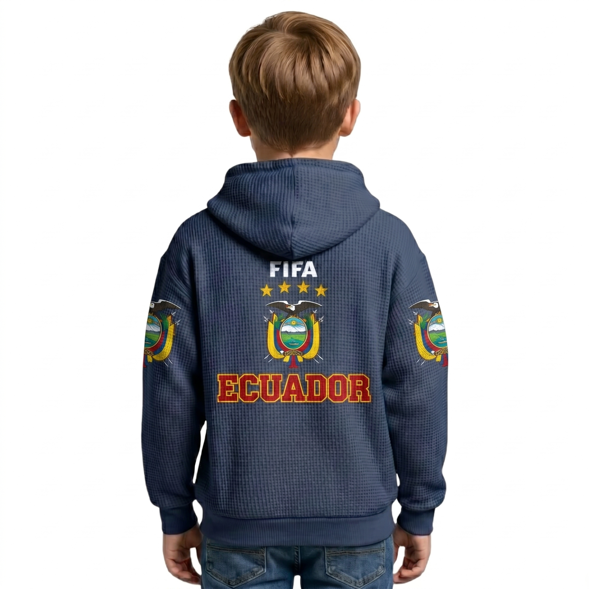 FIFA 2026 Ecuador Printed Waffle Quarter Zip Kids Football Fan Hoodie