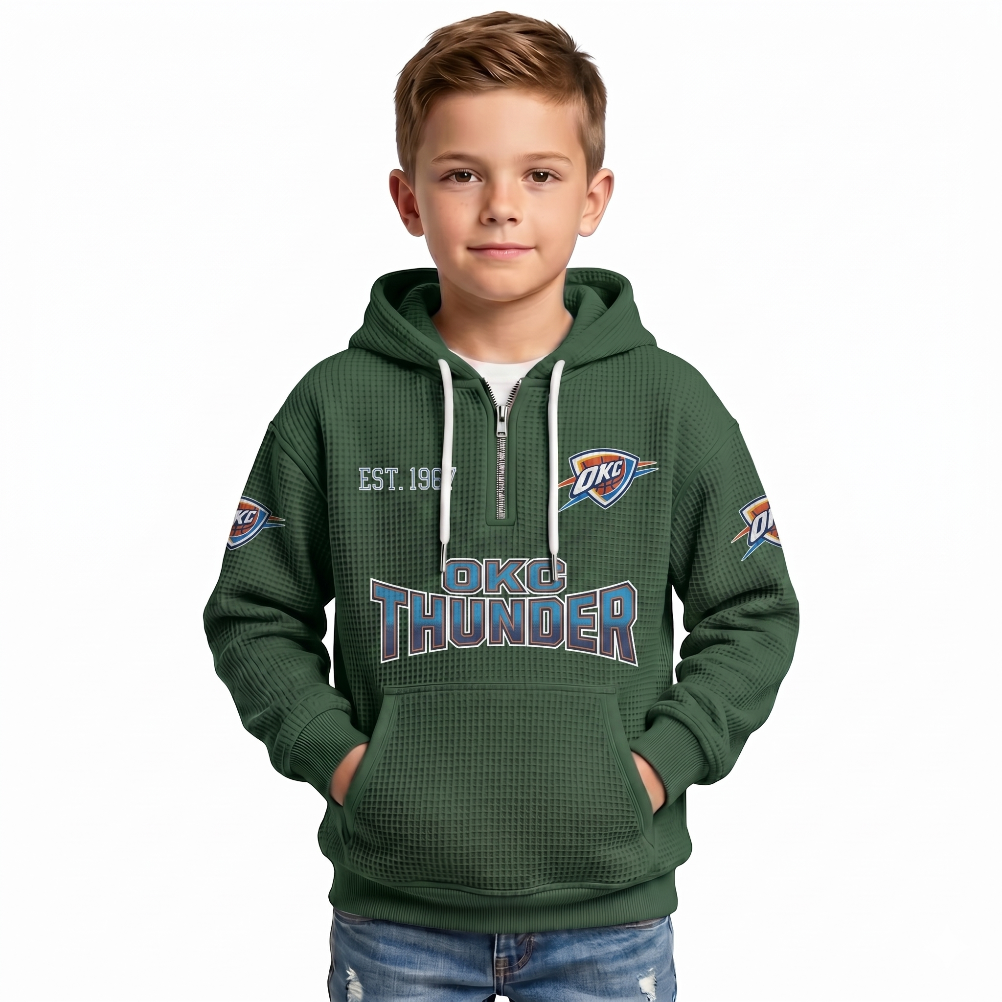 Oklahoma City Thunder EST 1967 Kids Baseball Fan Printed Waffle Quarter Zip Hoodie