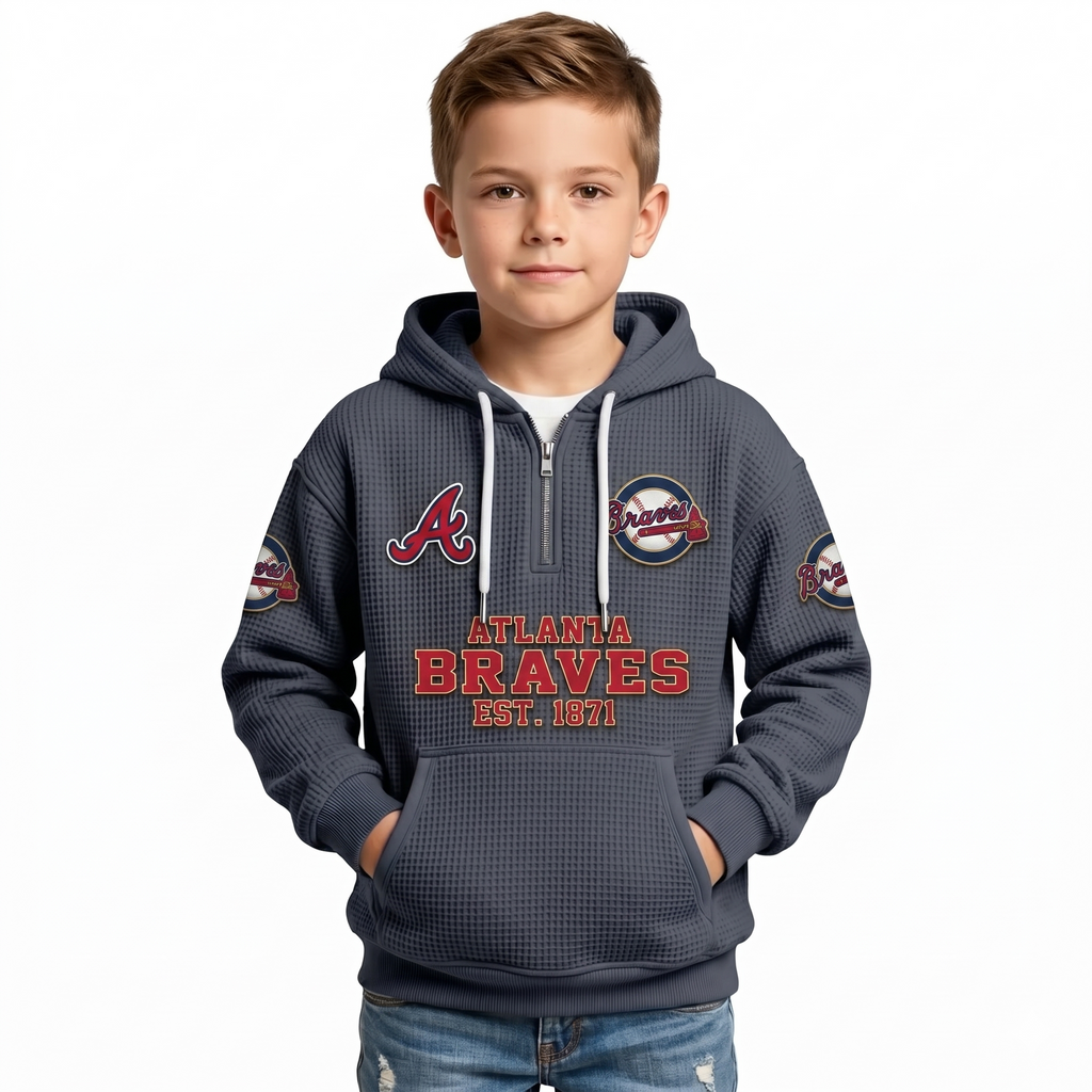 Atlanta Braves EST 1871 Kids Baseball Fan Printed Waffle Quarter Zip Hoodie