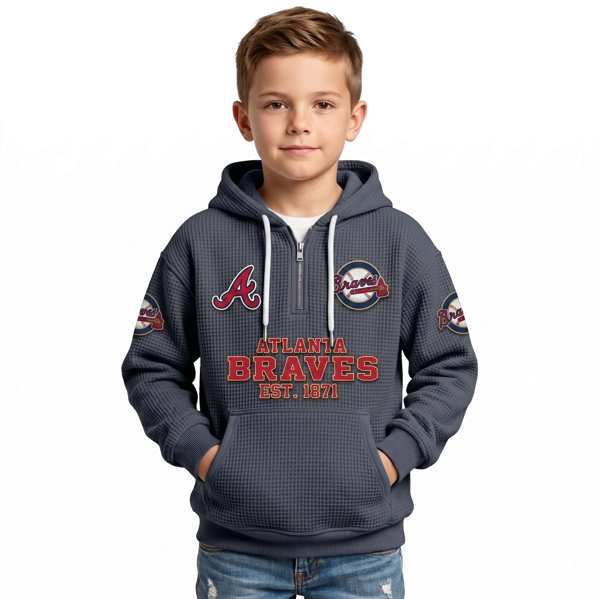 Atlanta Braves EST 1871 Kids Baseball Fan Printed Waffle Quarter Zip Hoodie