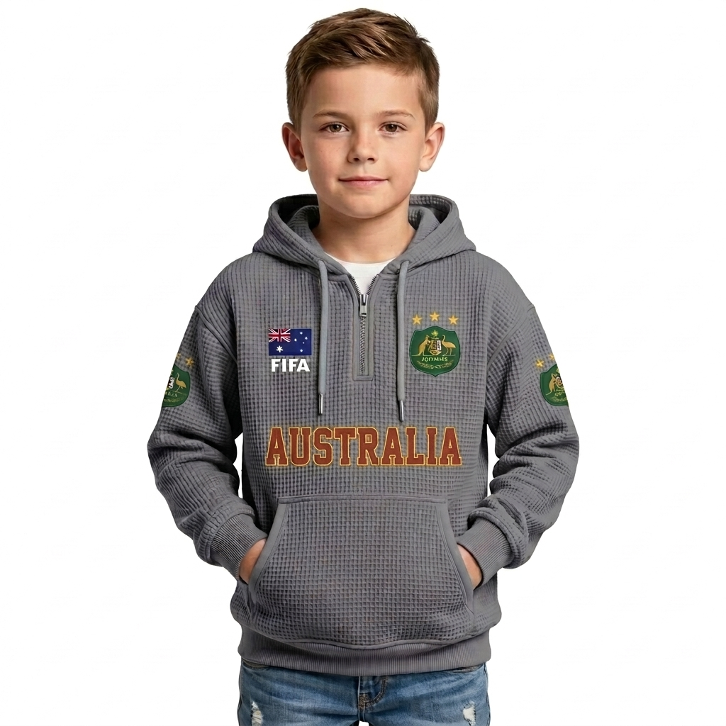 FIFA 2026 Australia Printed Waffle Quarter Zip Kids Football Fan Hoodie