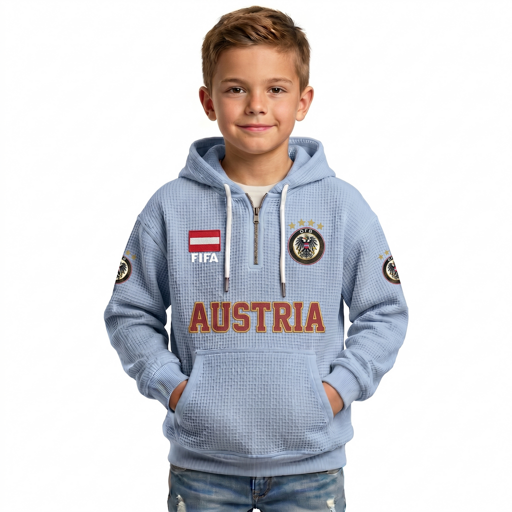 FIFA 2026 Austria Printed Waffle Quarter Zip Kids Football Fan Hoodie