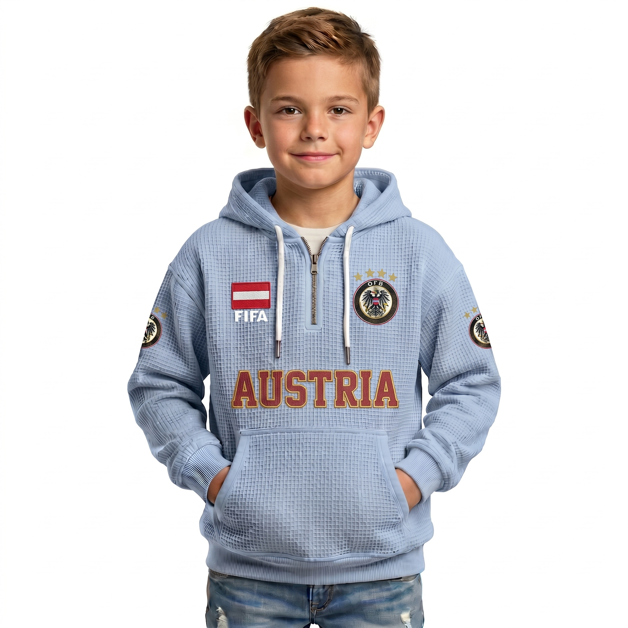 FIFA 2026 Austria Printed Waffle Quarter Zip Kids Football Fan Hoodie