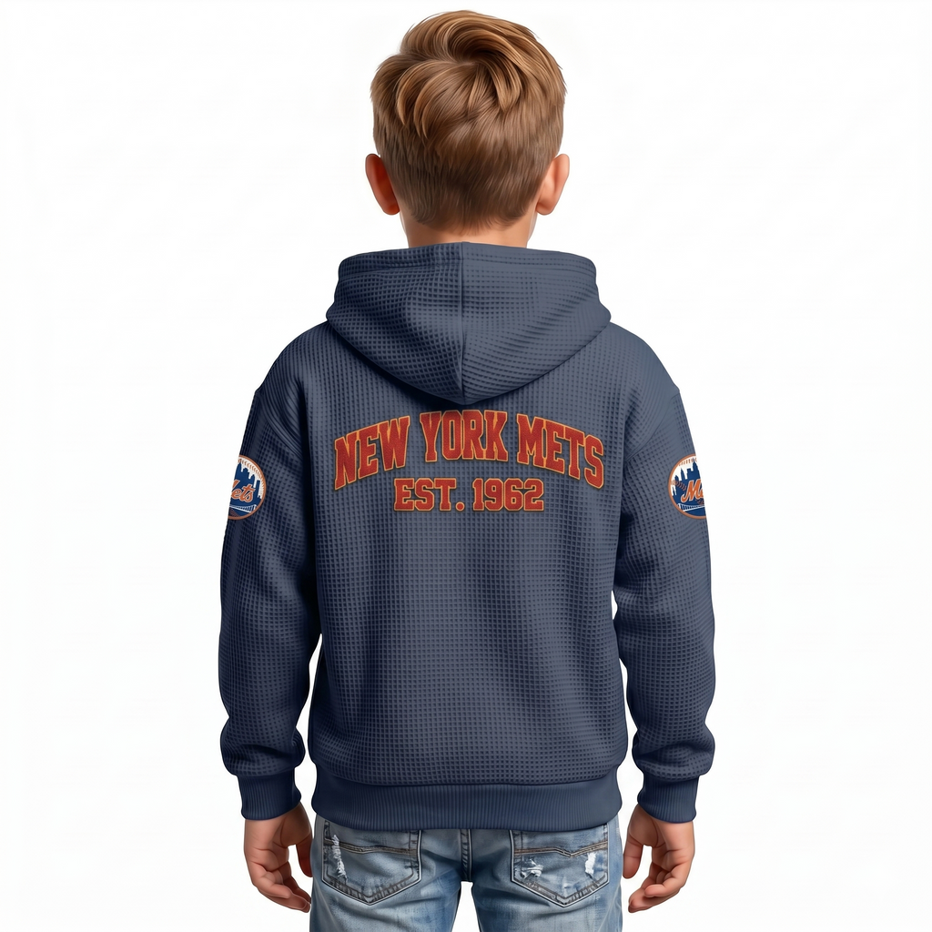 New York Mets EST 1962 Kids Baseball Fan Printed Waffle Quarter Zip Hoodie