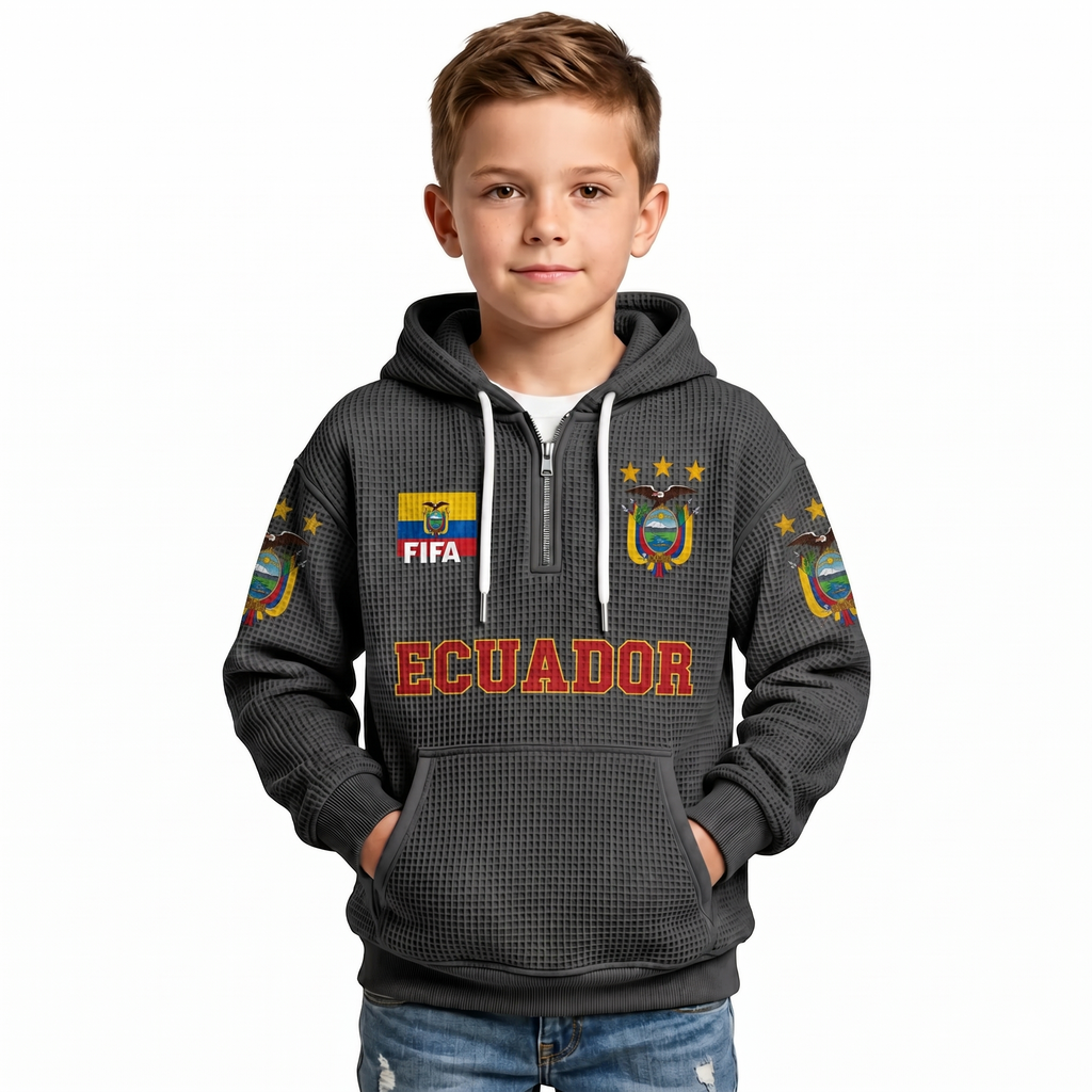 FIFA 2026 Ecuador Printed Waffle Quarter Zip Kids Football Fan Hoodie