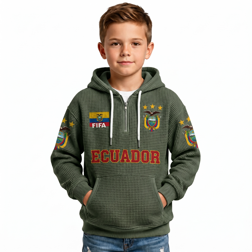 FIFA 2026 Ecuador Printed Waffle Quarter Zip Kids Football Fan Hoodie