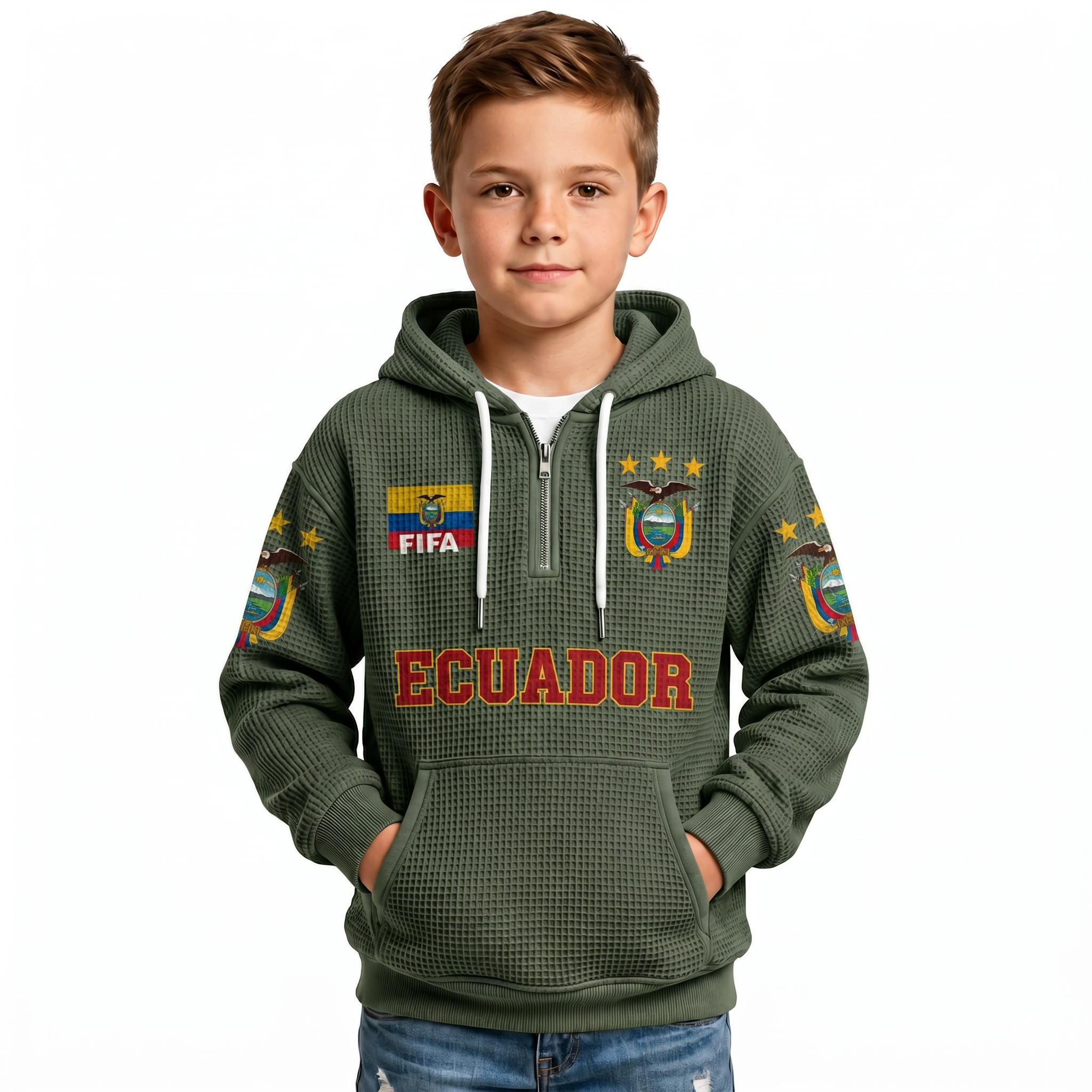 FIFA 2026 Ecuador Printed Waffle Quarter Zip Kids Football Fan Hoodie