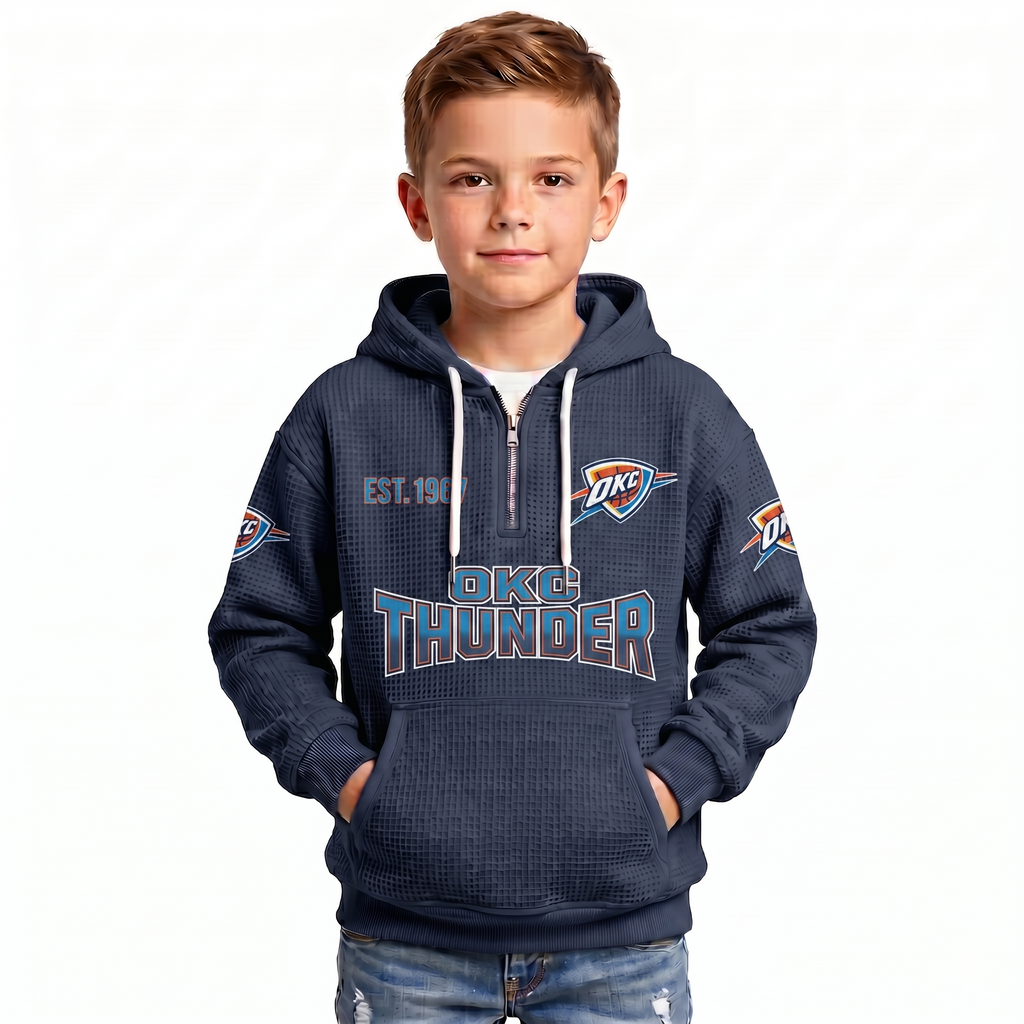 Oklahoma City Thunder EST 1967 Kids Baseball Fan Printed Waffle Quarter Zip Hoodie