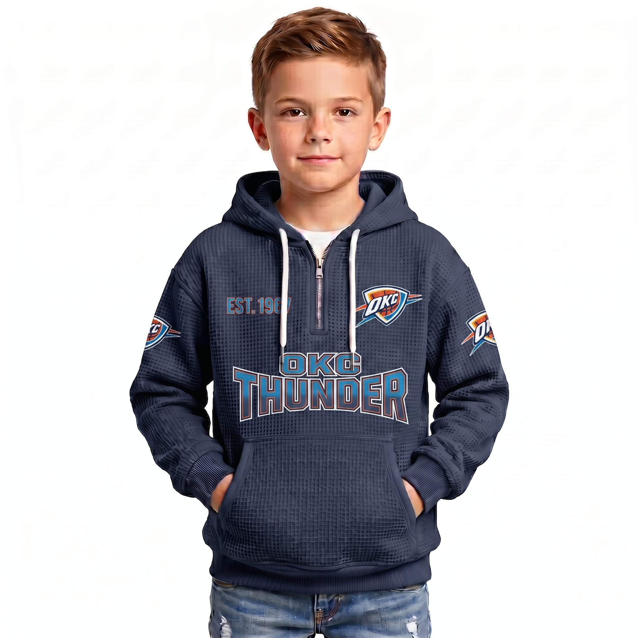Oklahoma City Thunder EST 1967 Kids Baseball Fan Printed Waffle Quarter Zip Hoodie