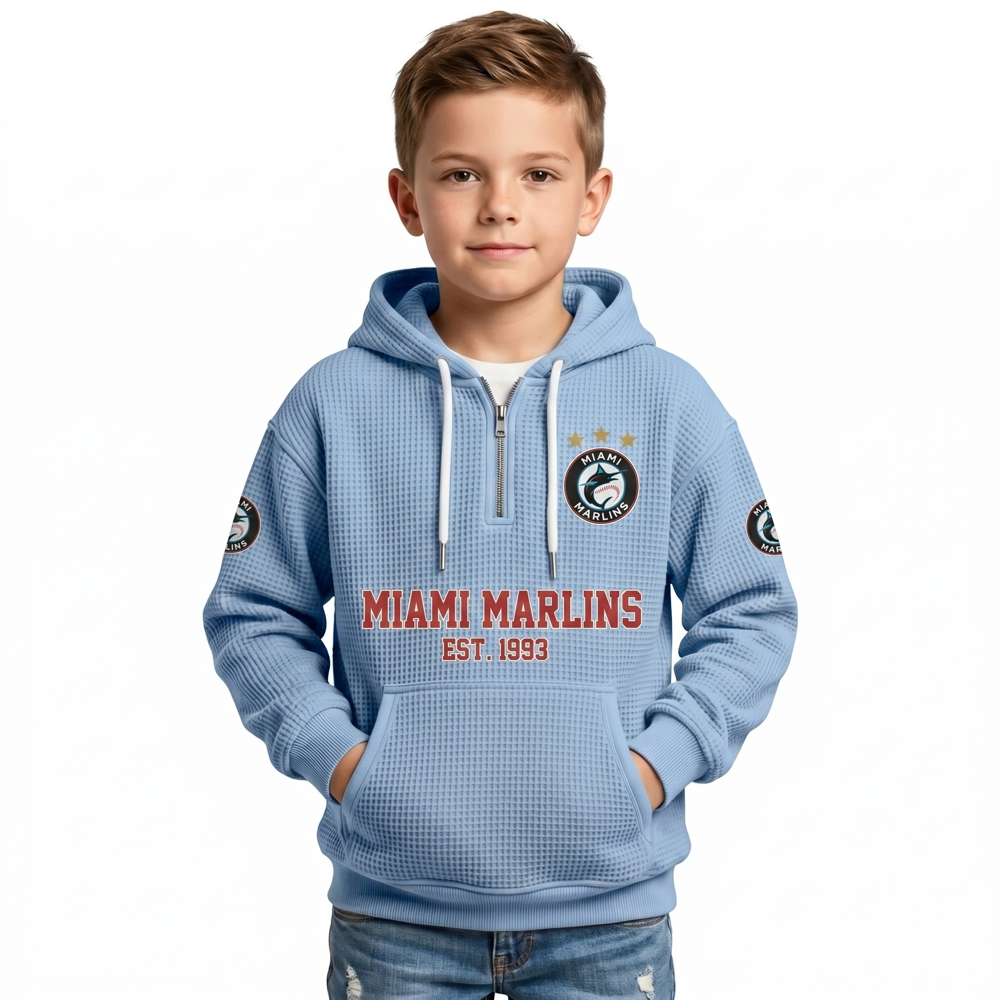 Miami Marlins EST 1993 Kids Baseball Fan Printed Waffle Quarter Zip Hoodie