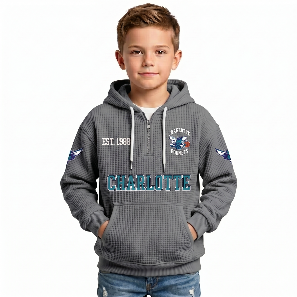 Charlotte Hornets EST 1988 Kids Baseball Fan Printed Waffle Quarter Zip Hoodie