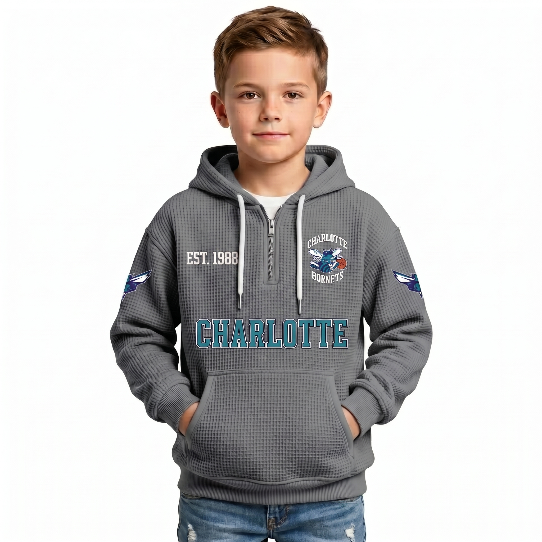 Charlotte Hornets EST 1988 Kids Baseball Fan Printed Waffle Quarter Zip Hoodie