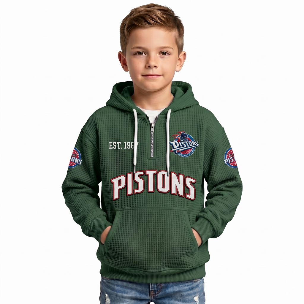 Detroit Pistons EST 1957 Kids Baseball Fan Printed Waffle Quarter Zip Hoodie