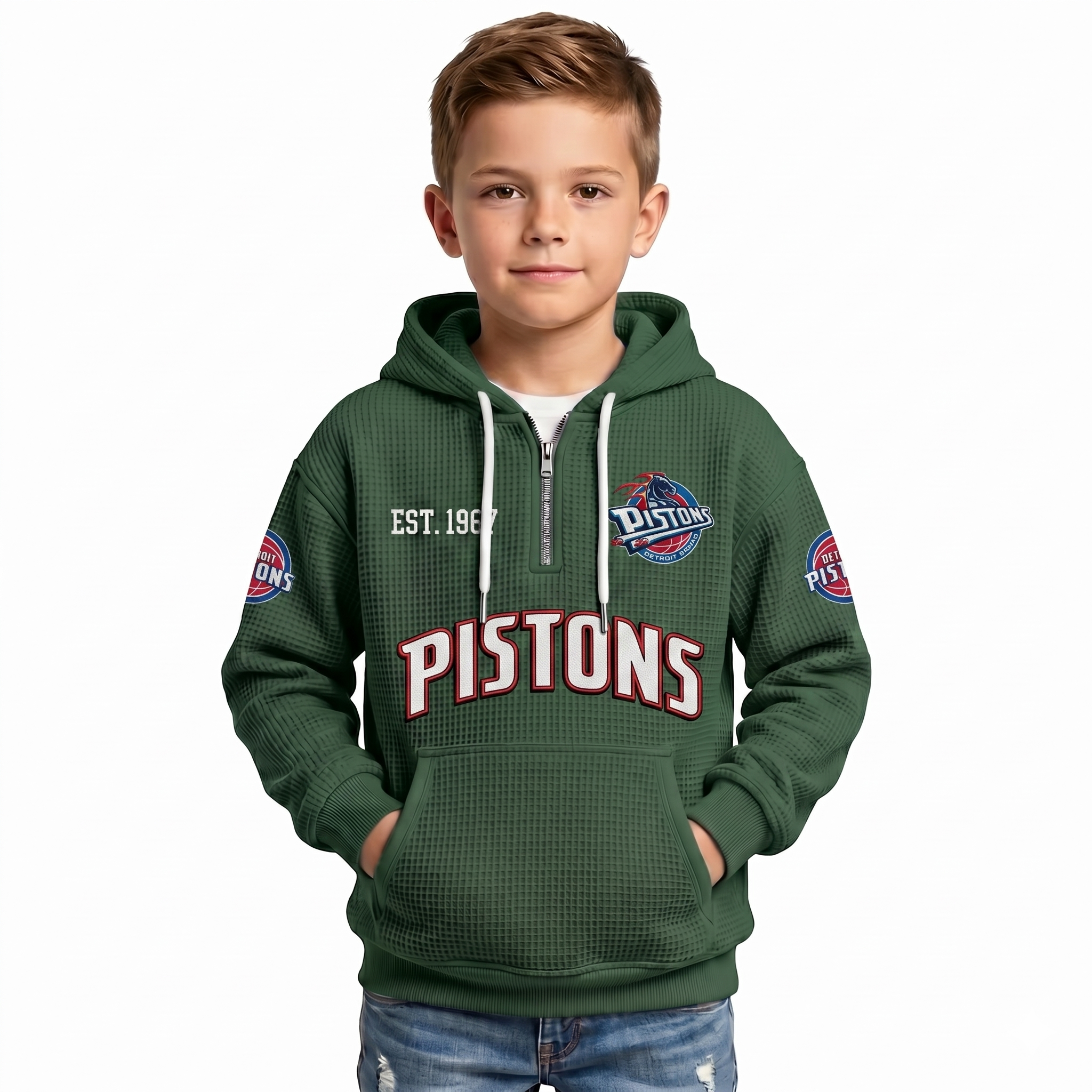 Detroit Pistons EST 1957 Kids Baseball Fan Printed Waffle Quarter Zip Hoodie