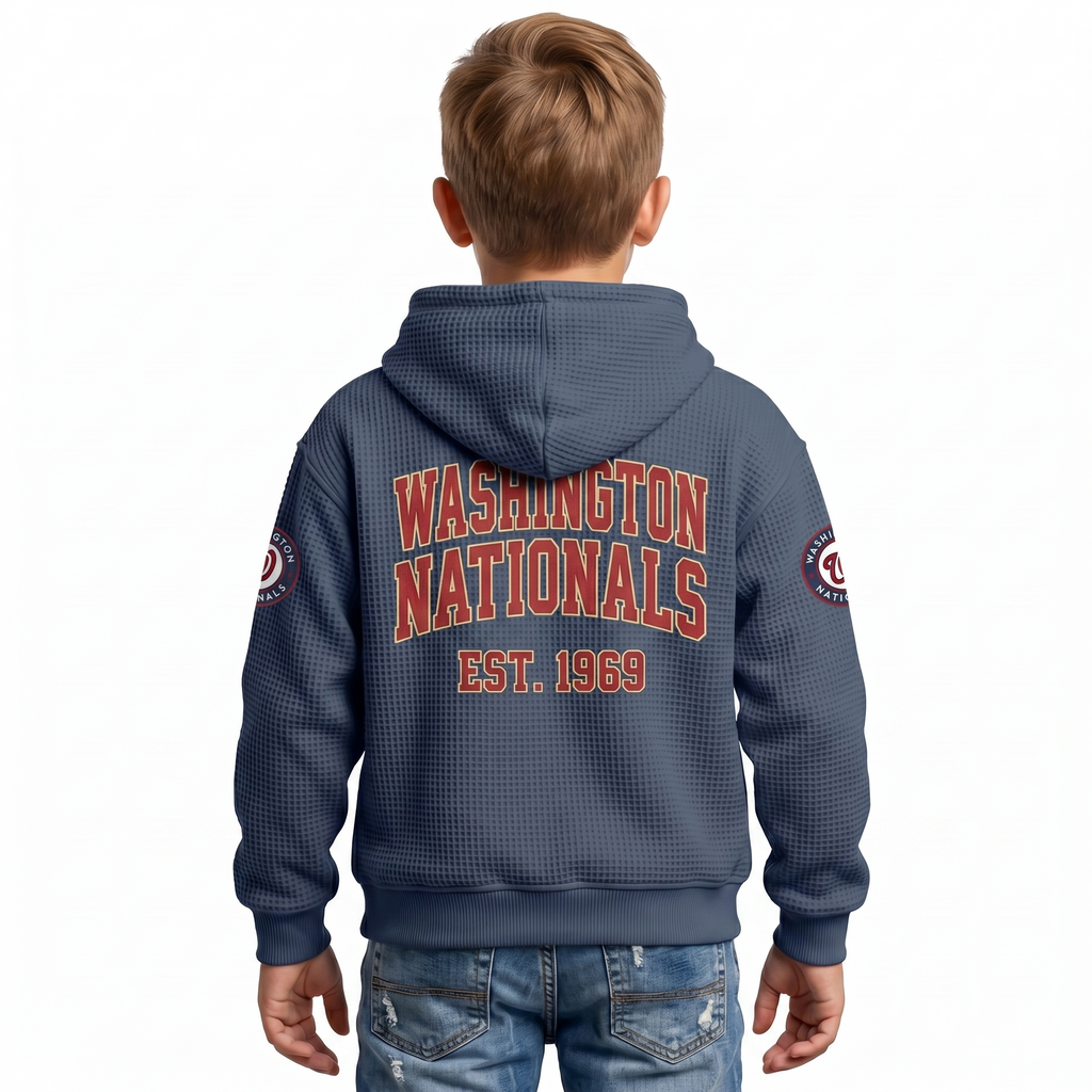 Washington Nationals EST 1969 Kids Baseball Fan Printed Waffle Quarter Zip Hoodie