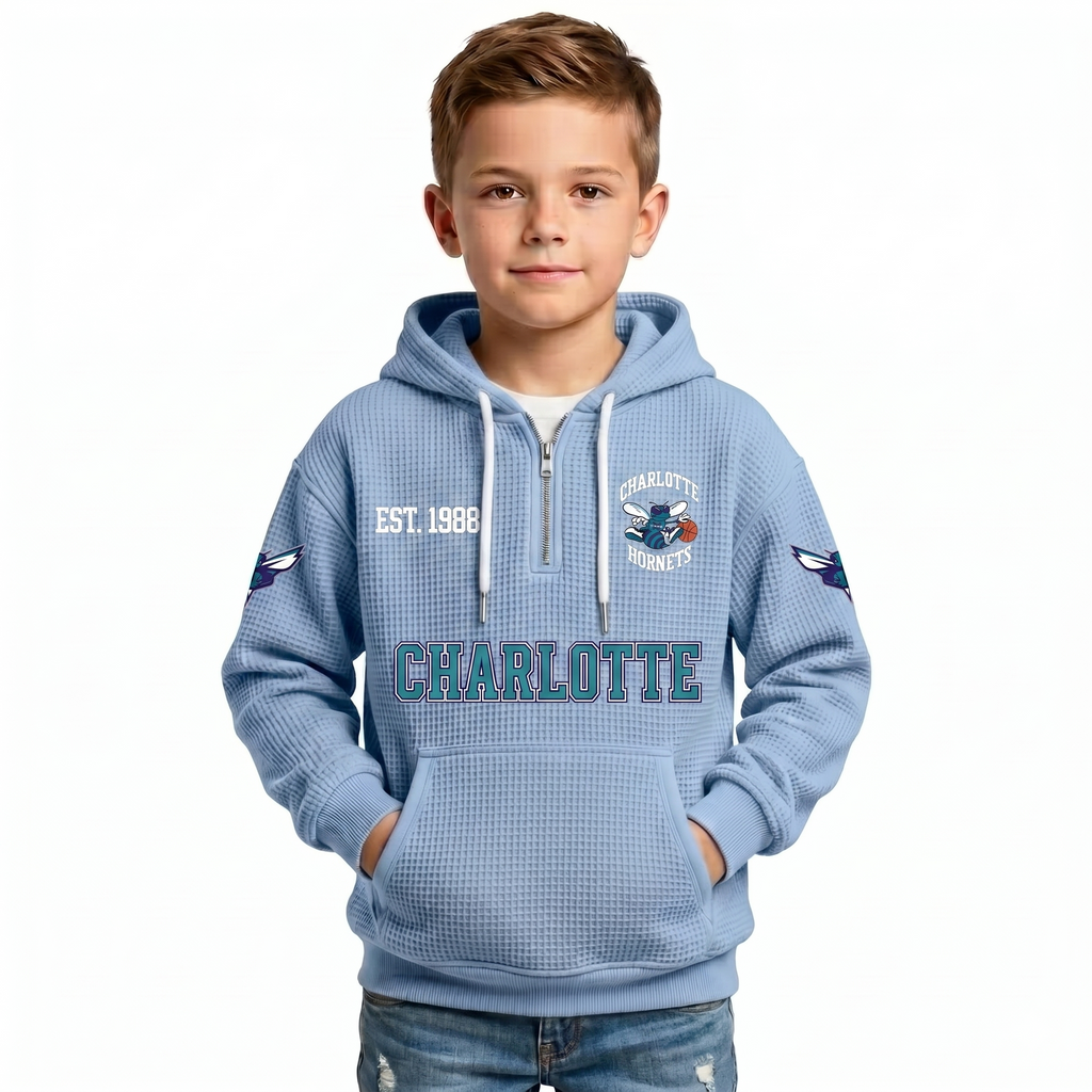 Charlotte Hornets EST 1988 Kids Baseball Fan Printed Waffle Quarter Zip Hoodie