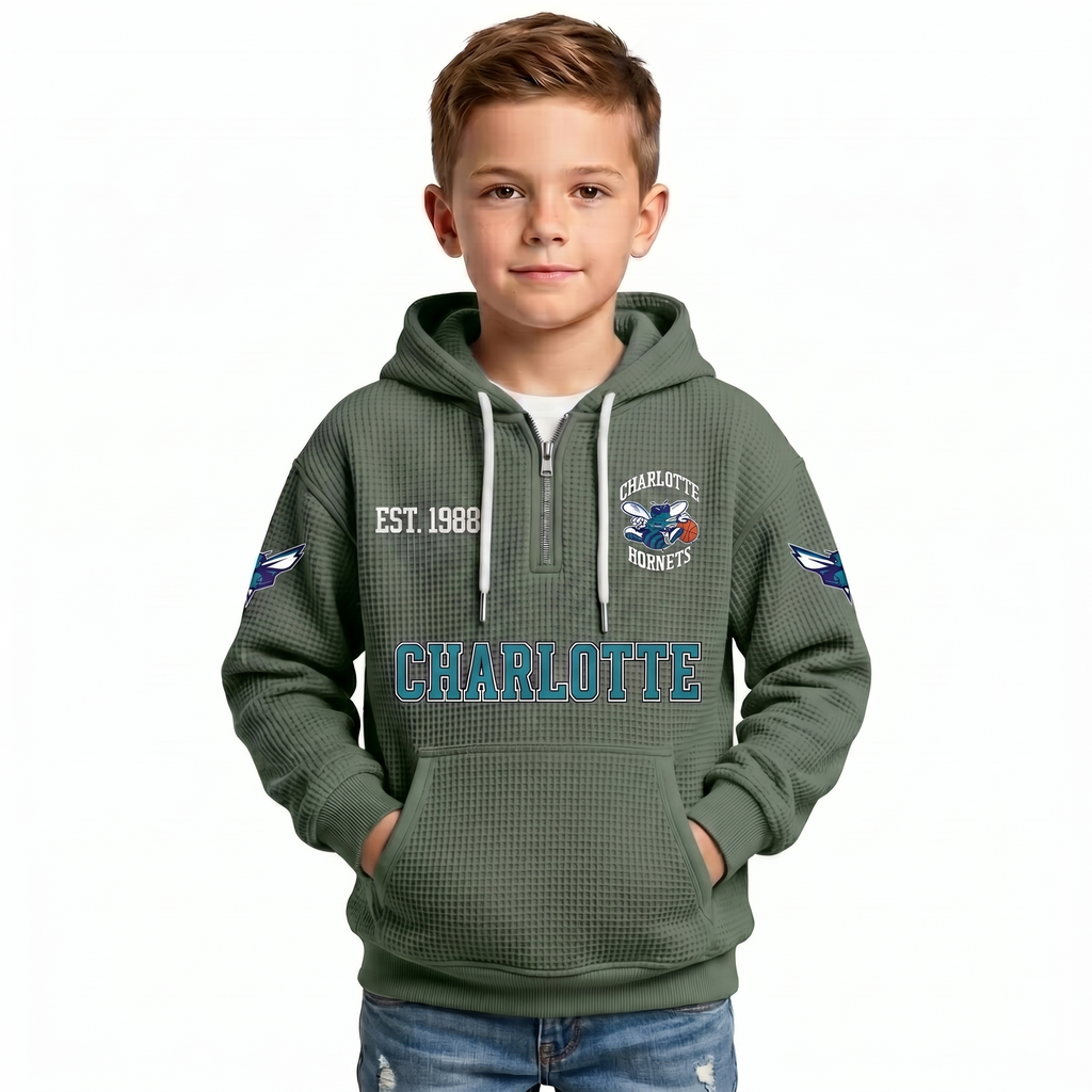 Charlotte Hornets EST 1988 Kids Baseball Fan Printed Waffle Quarter Zip Hoodie