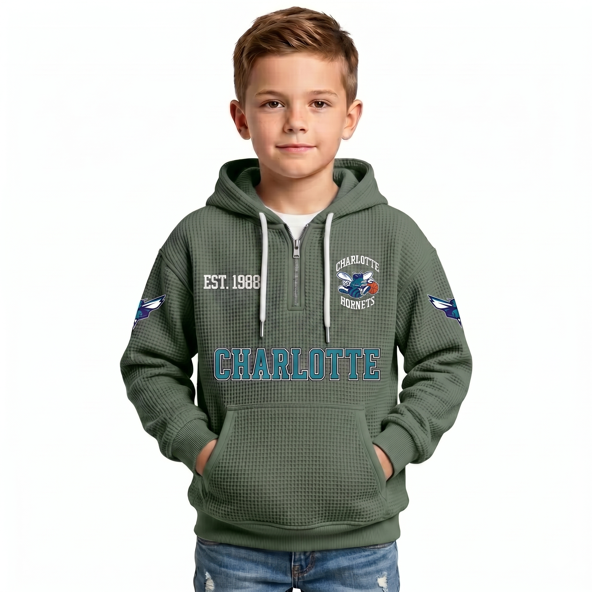 Charlotte Hornets EST 1988 Kids Baseball Fan Printed Waffle Quarter Zip Hoodie