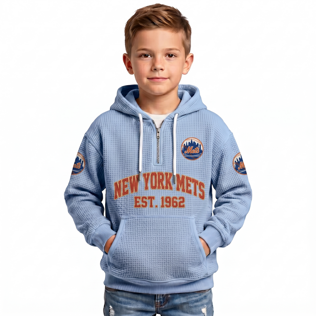 New York Mets EST 1962 Kids Baseball Fan Printed Waffle Quarter Zip Hoodie