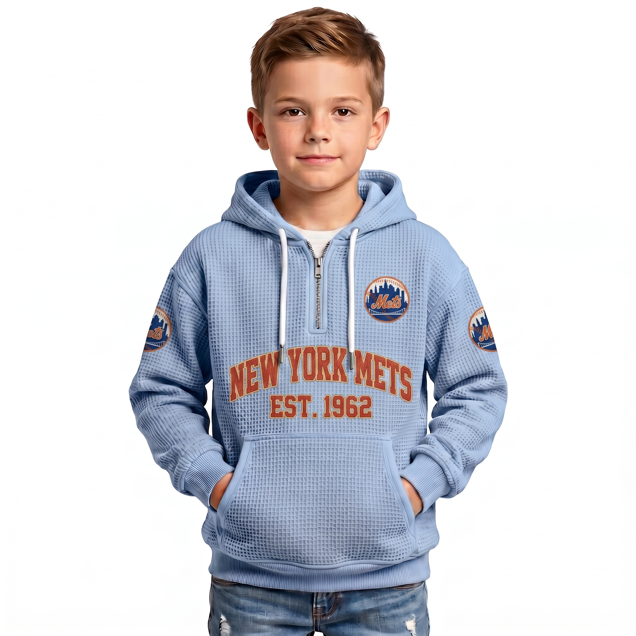 New York Mets EST 1962 Kids Baseball Fan Printed Waffle Quarter Zip Hoodie