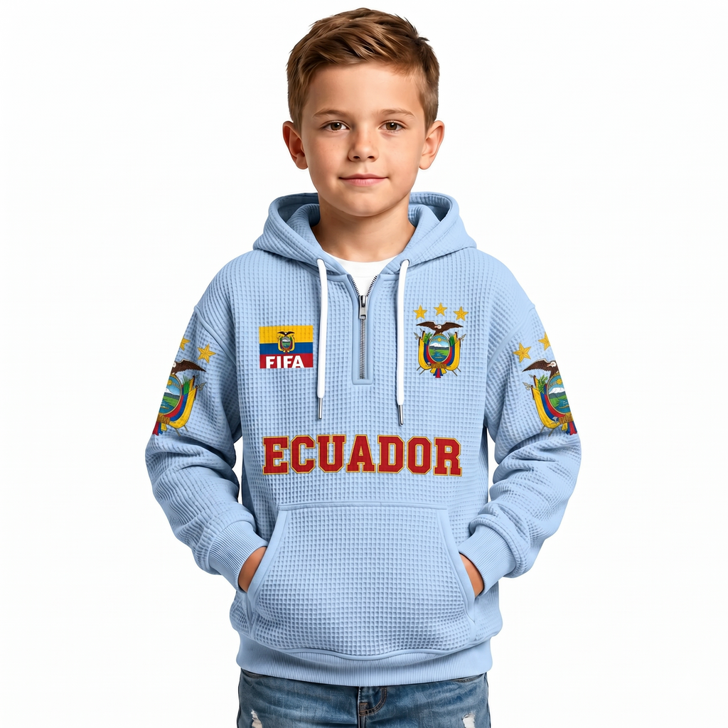 FIFA 2026 Ecuador Printed Waffle Quarter Zip Kids Football Fan Hoodie