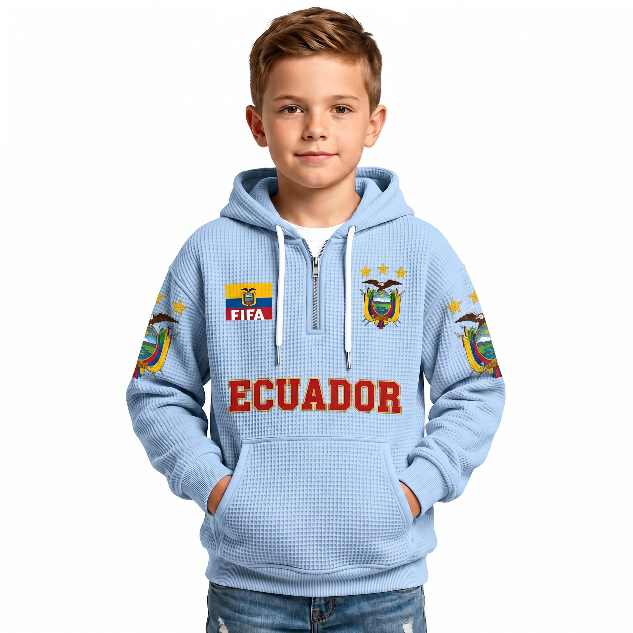 FIFA 2026 Ecuador Printed Waffle Quarter Zip Kids Football Fan Hoodie