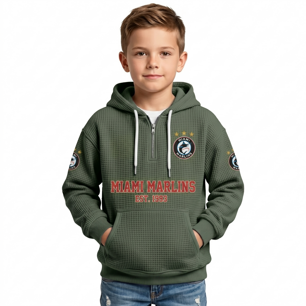 Miami Marlins EST 1993 Kids Baseball Fan Printed Waffle Quarter Zip Hoodie