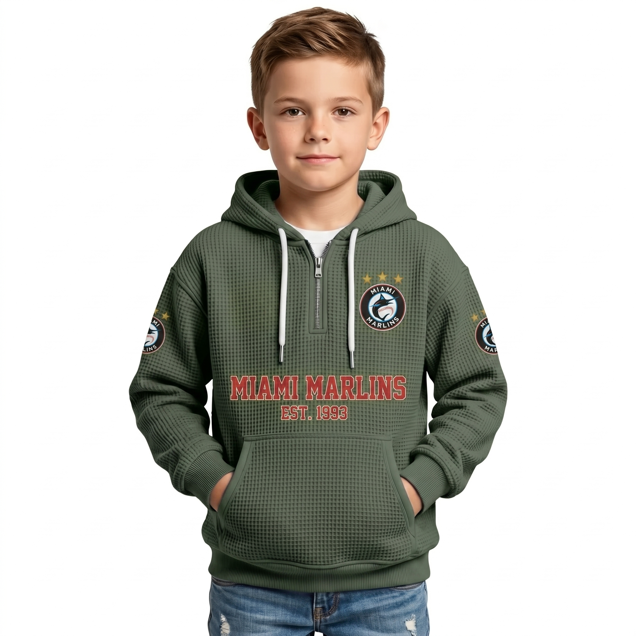 Miami Marlins EST 1993 Kids Baseball Fan Printed Waffle Quarter Zip Hoodie