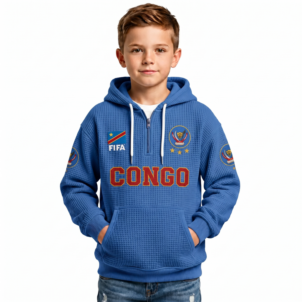 FIFA 2026 Democratic Republic Of The Congo Printed Waffle Quarter Zip Kids Football Fan Hoodie
