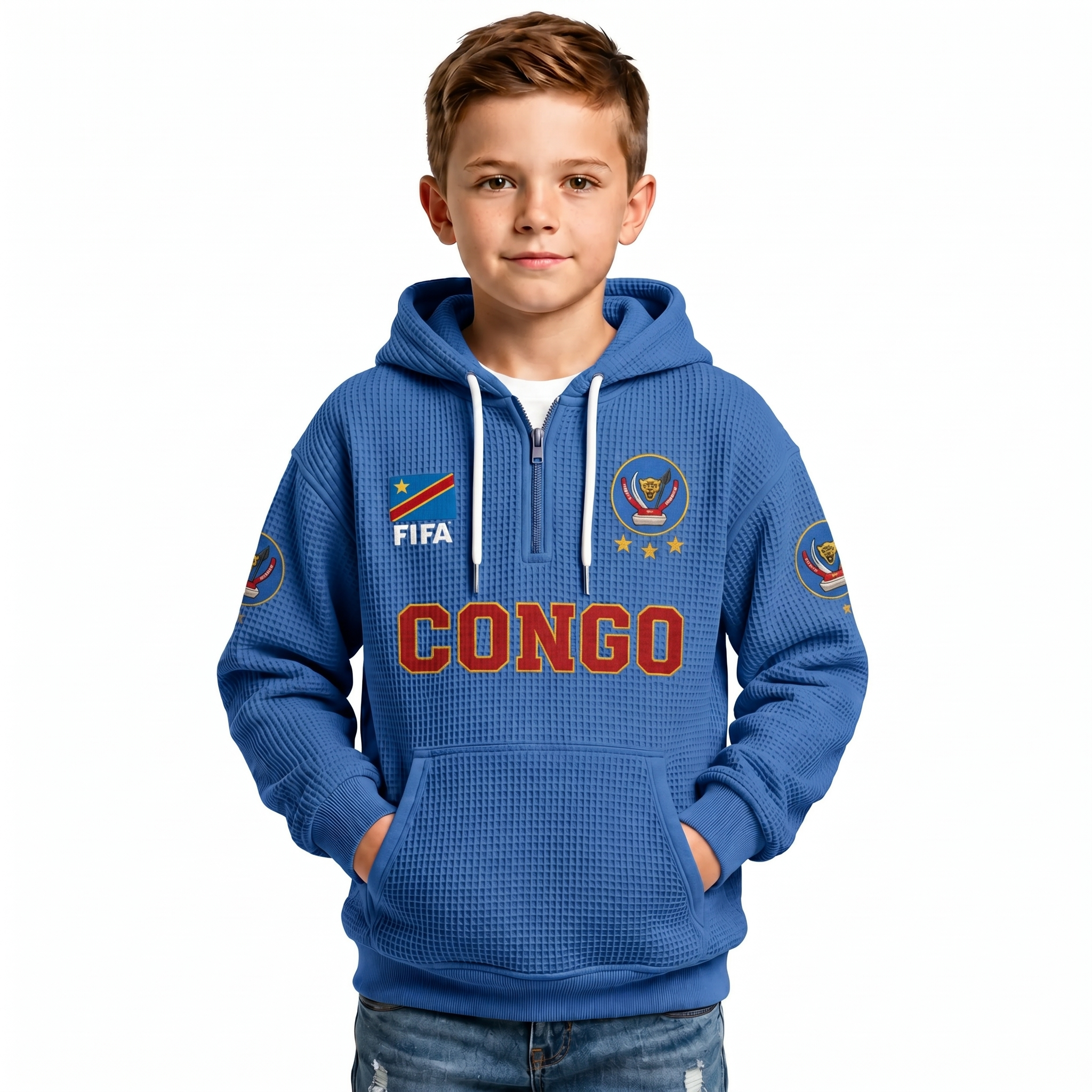 FIFA 2026 Democratic Republic Of The Congo Printed Waffle Quarter Zip Kids Football Fan Hoodie
