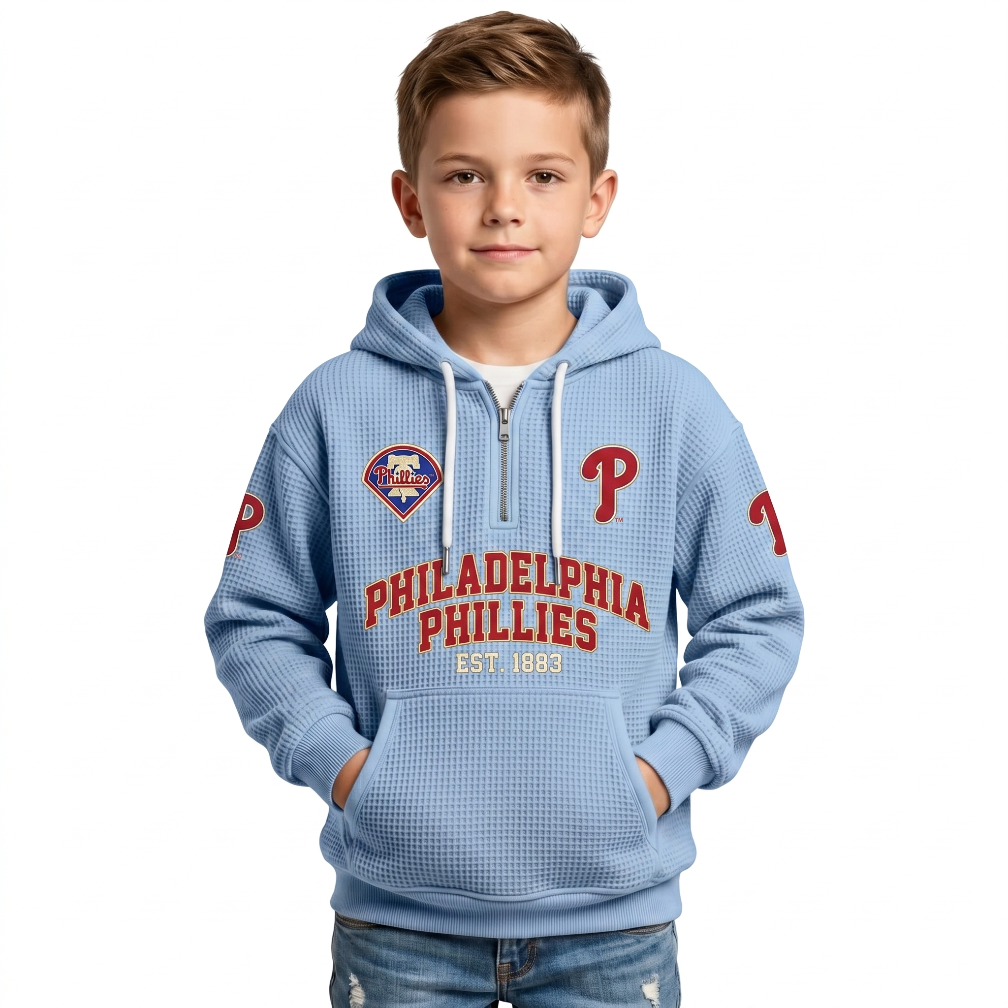 Philadelphia Phillies Kids Baseball Fan Printed Waffle Quarter Zip Hoodie EST 1883