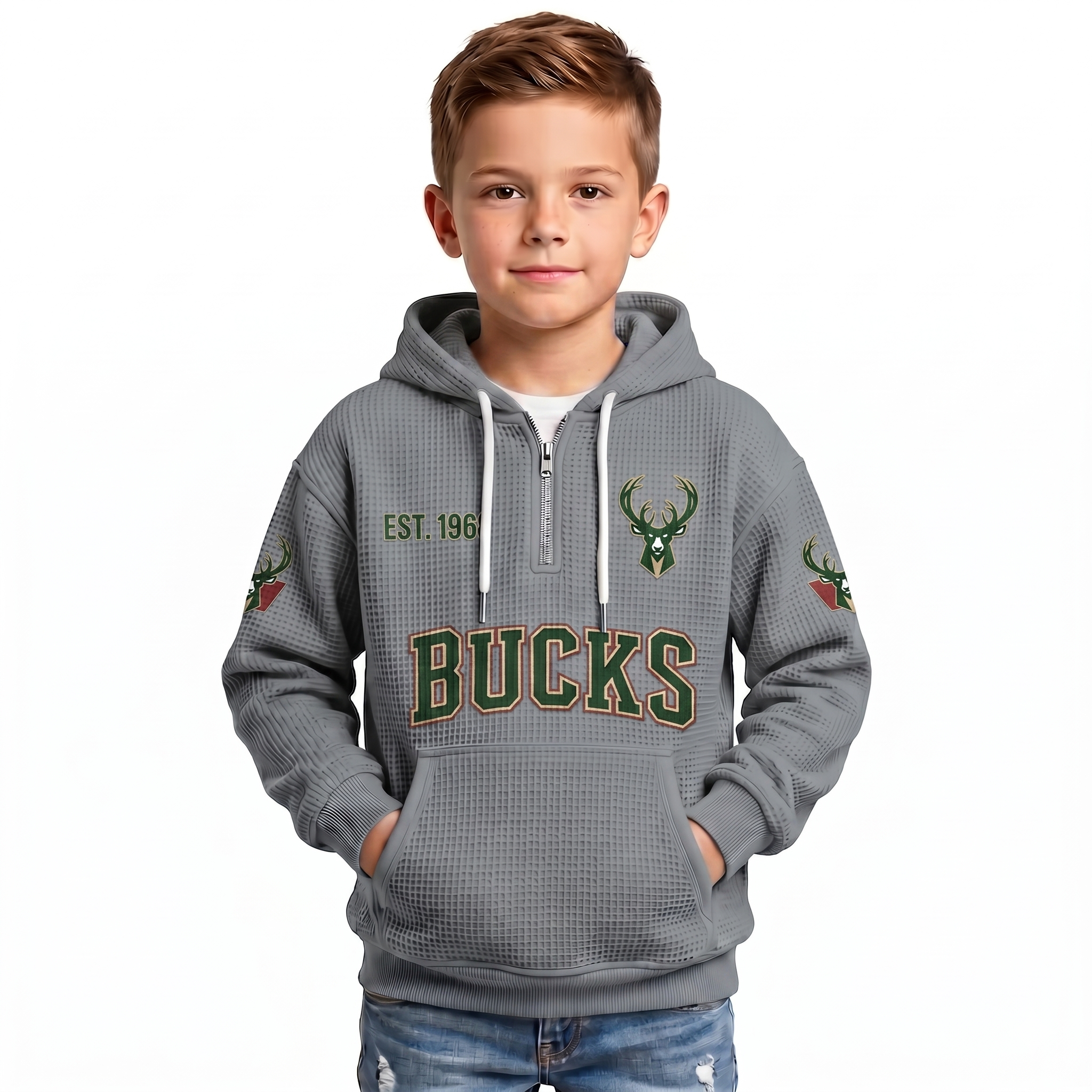 Milwaukee Bucks EST 1968 Kids Baseball Fan Printed Waffle Quarter Zip Hoodie