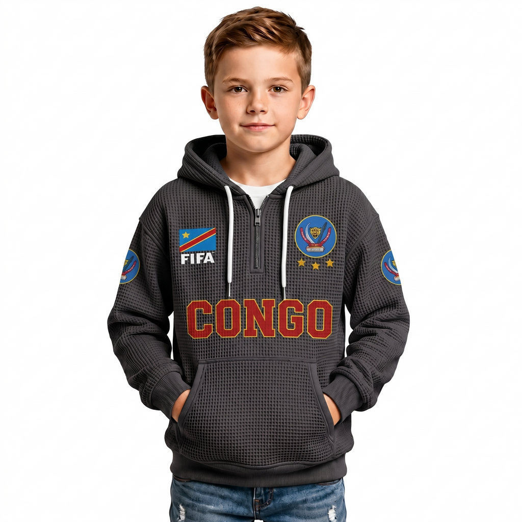 FIFA 2026 Democratic Republic Of The Congo Printed Waffle Quarter Zip Kids Football Fan Hoodie