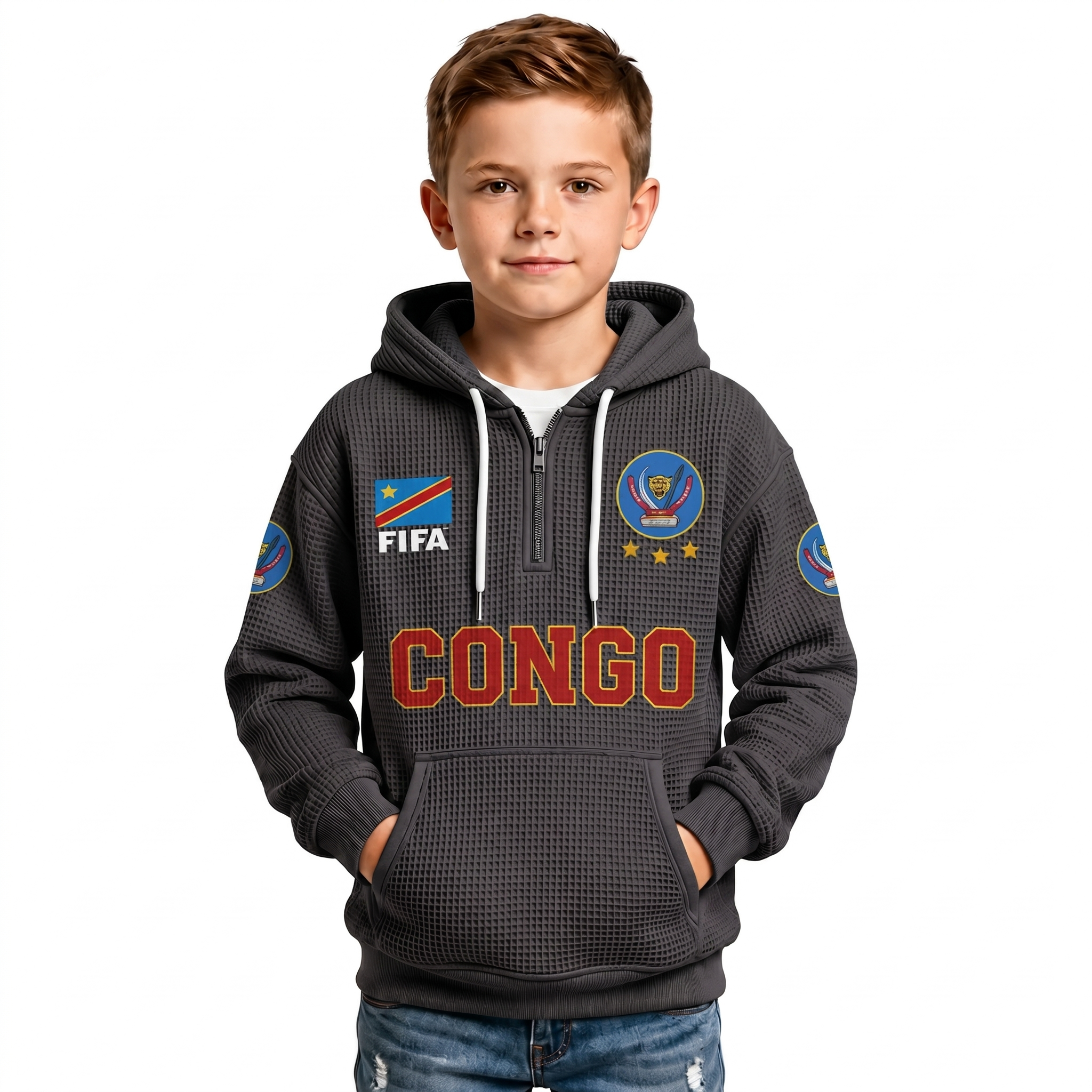 FIFA 2026 Democratic Republic Of The Congo Printed Waffle Quarter Zip Kids Football Fan Hoodie