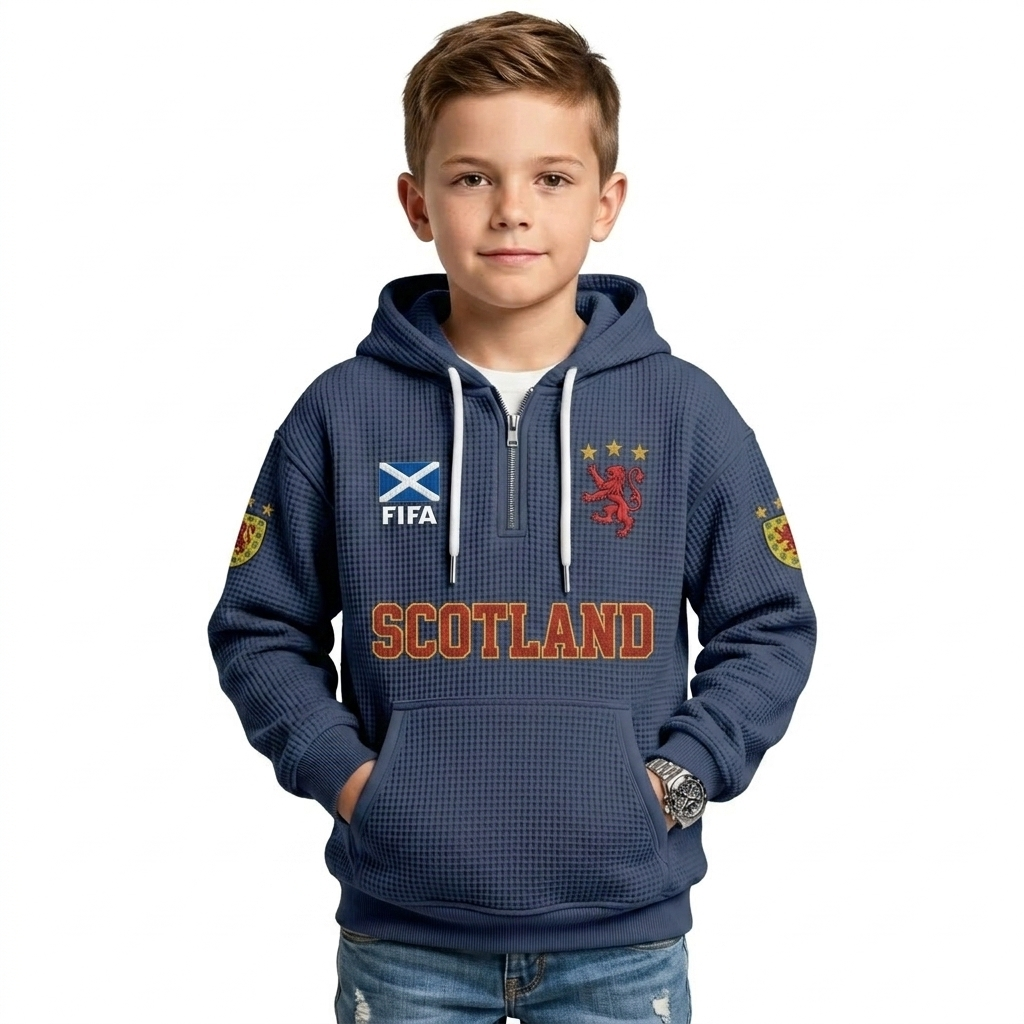 FIFA 2026 Scotland Printed Waffle Quarter Zip Kids Football Fan Hoodie