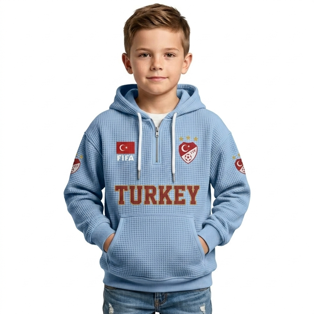 FIFA 2026 Turkey Printed Waffle Quarter Zip Kids Football Fan Hoodie