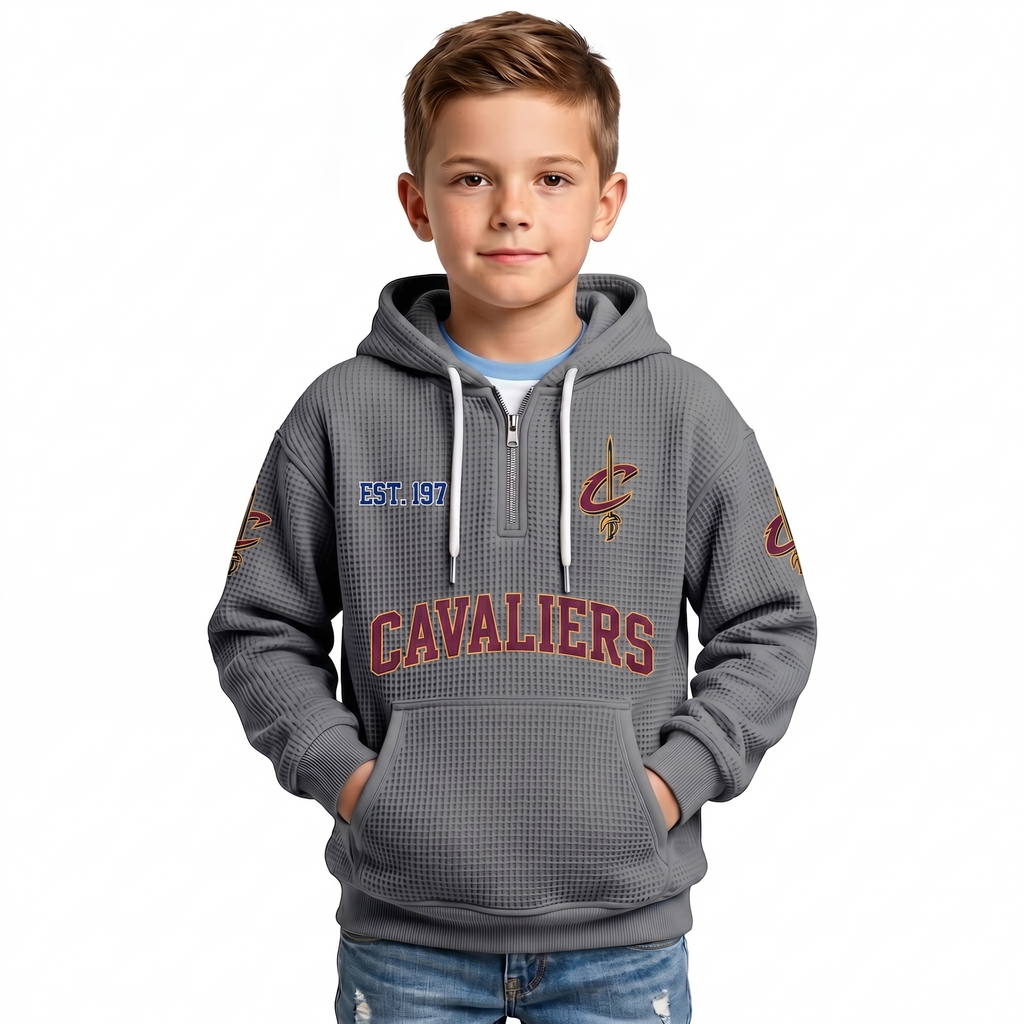 Cleveland Cavaliers EST 1970 Kids Baseball Fan Printed Waffle Quarter Zip Hoodie