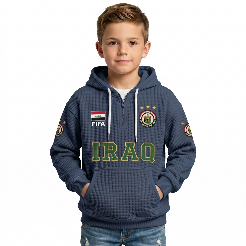 FIFA 2026 Iraq Printed Waffle Quarter Zip Kids Football Fan Hoodie
