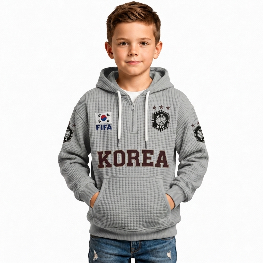 FIFA 2026 South Korea Printed Waffle Quarter Zip Kids Football Fan Hoodie