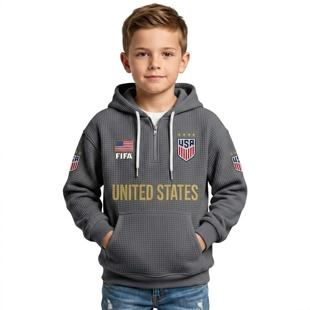FIFA 2026 United States Printed Waffle Quarter Zip Kids Football Fan Hoodie