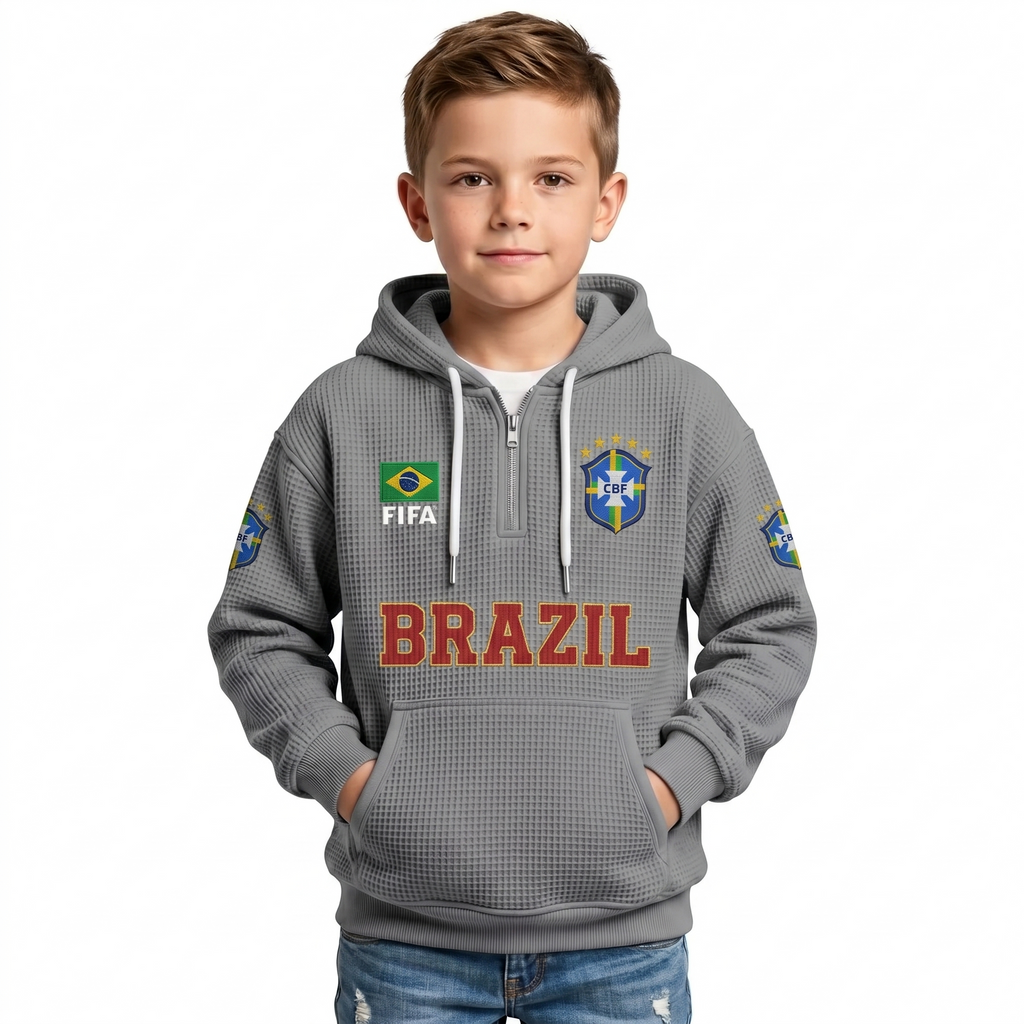 FIFA 2026 Brazil Printed Waffle Quarter Zip Kids Football Fan Hoodie