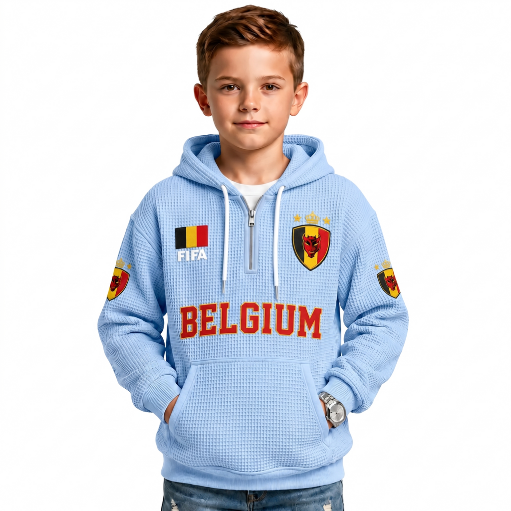 FIFA 2026 Belgium Printed Waffle Quarter Zip Kids Football Fan Hoodie