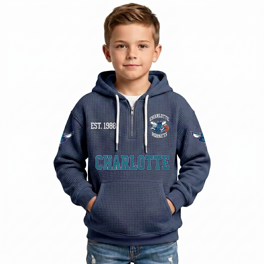 Charlotte Hornets EST 1988 Kids Baseball Fan Printed Waffle Quarter Zip Hoodie