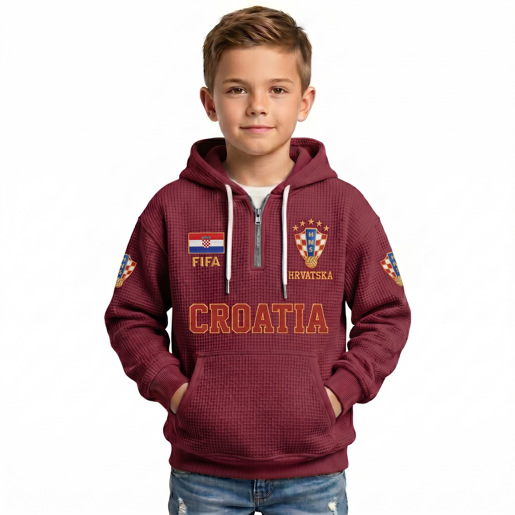 FIFA 2026 Croatia Printed Waffle Quarter Zip Kids Football Fan Hoodie