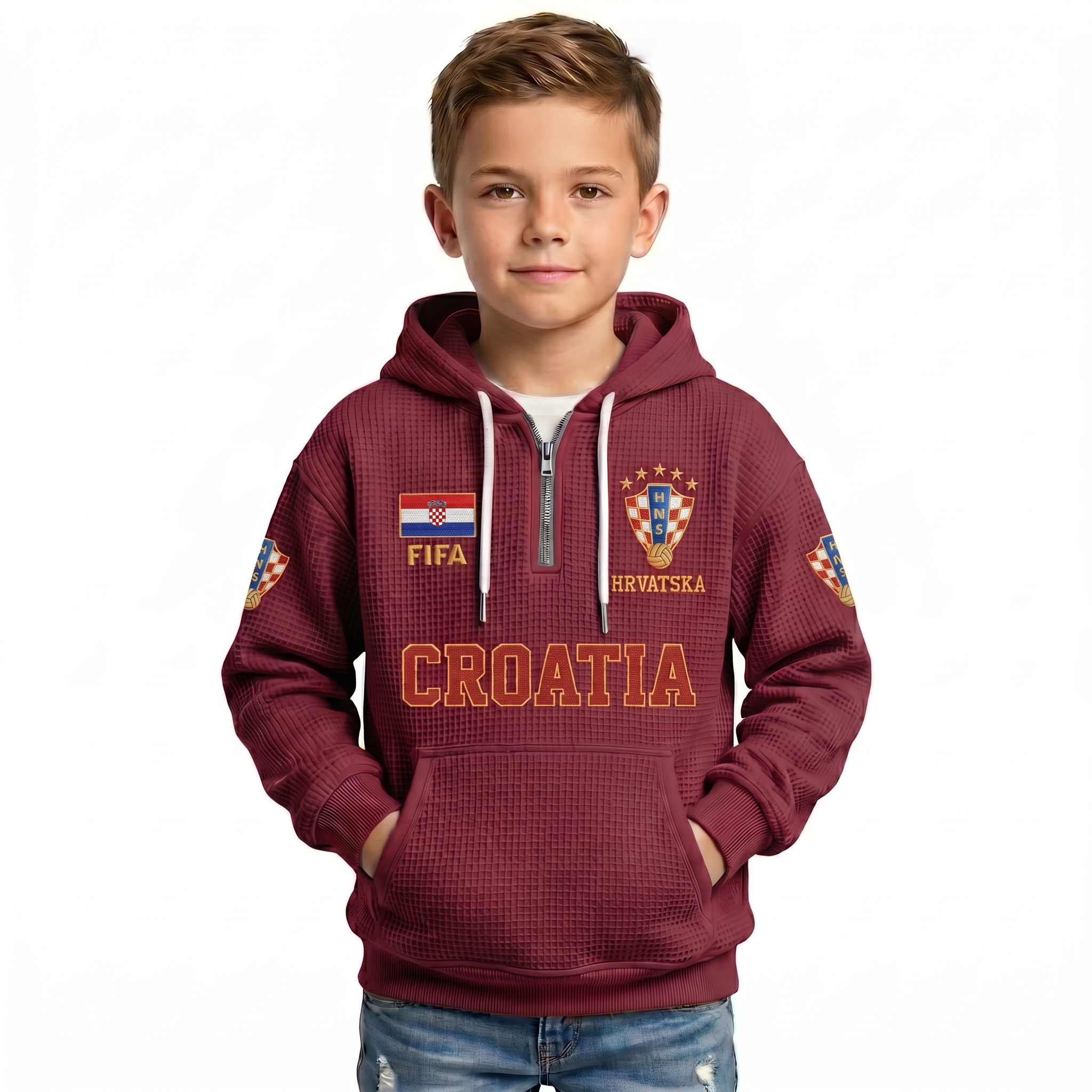 FIFA 2026 Croatia Printed Waffle Quarter Zip Kids Football Fan Hoodie