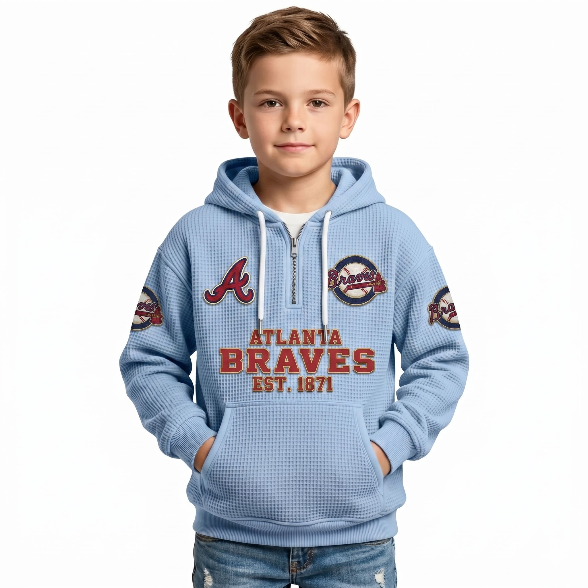 Atlanta Braves EST 1871 Kids Baseball Fan Printed Waffle Quarter Zip Hoodie