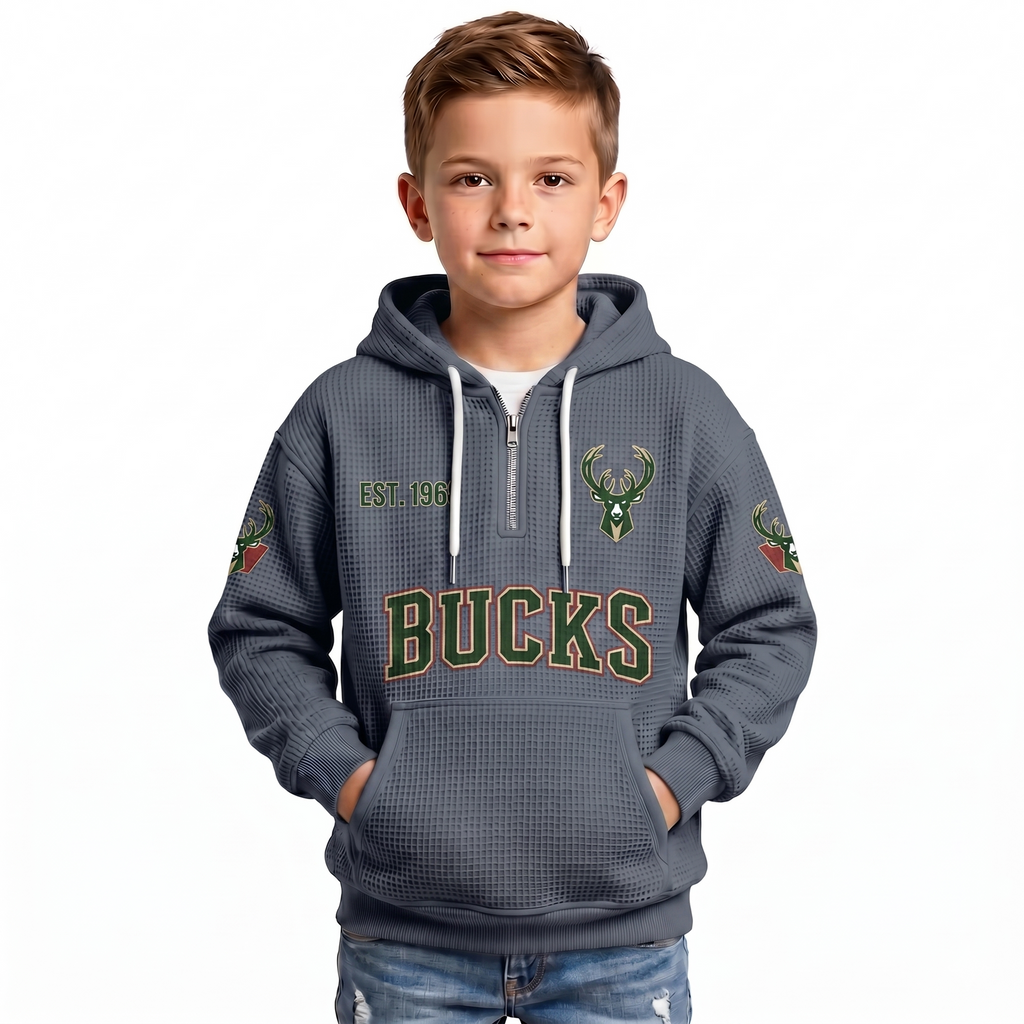Milwaukee Bucks EST 1968 Kids Baseball Fan Printed Waffle Quarter Zip Hoodie