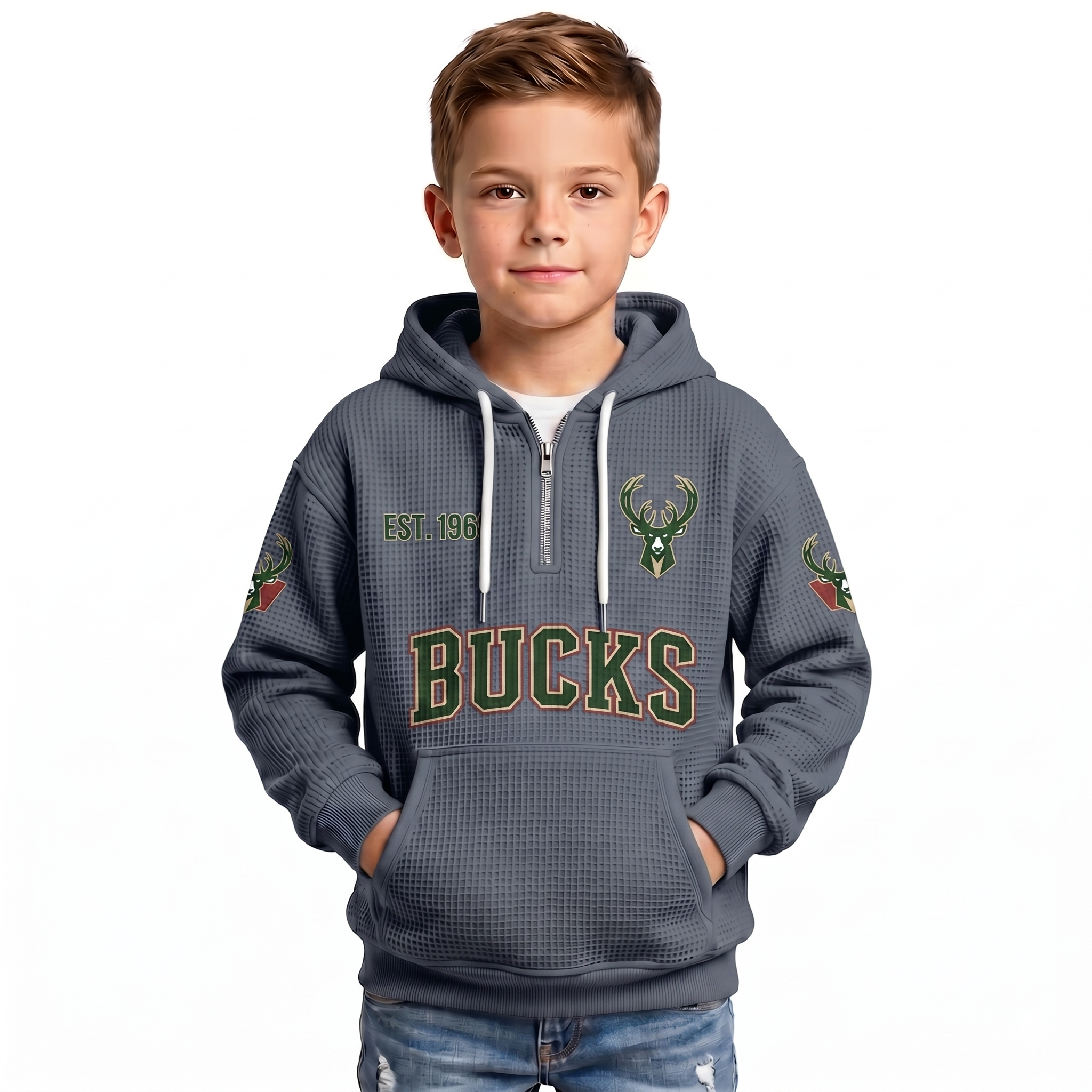 Milwaukee Bucks EST 1968 Kids Baseball Fan Printed Waffle Quarter Zip Hoodie