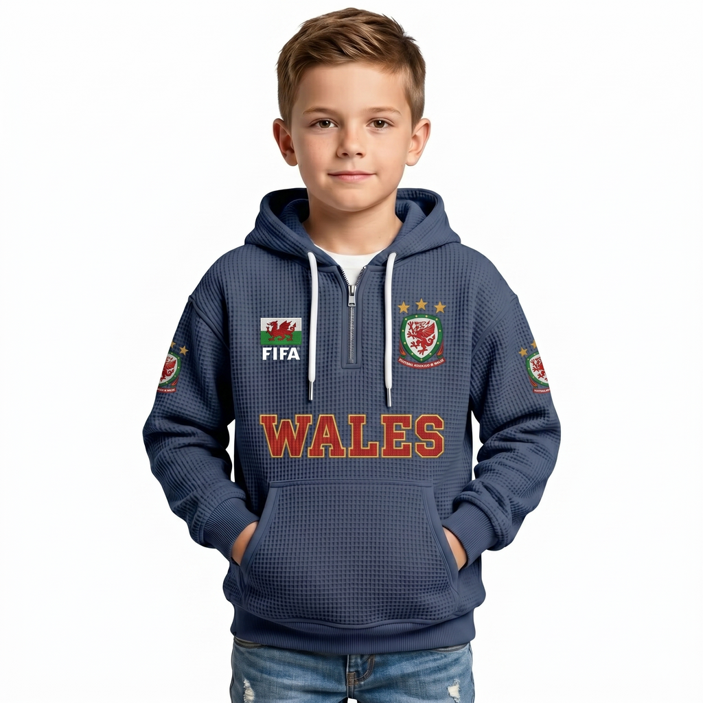 FIFA 2026 Wales Printed Waffle Quarter Zip Kids Football Fan Hoodie